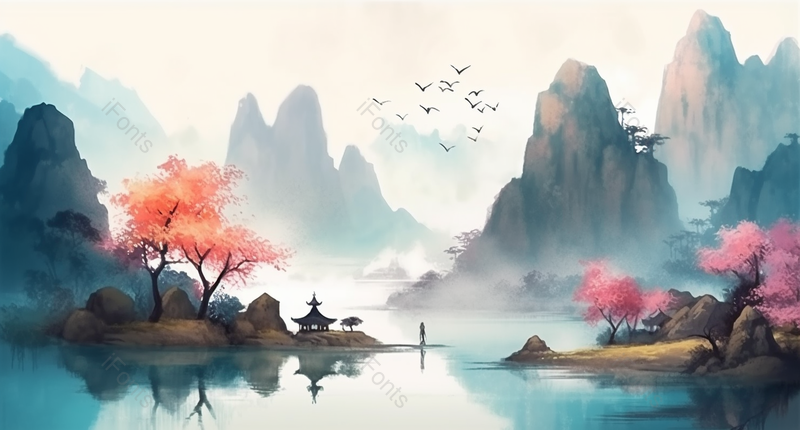 彩色绘画新中式水彩山水背景图,插画/手绘图,插画/手绘图库,插画/手绘图下载,插画/手绘
